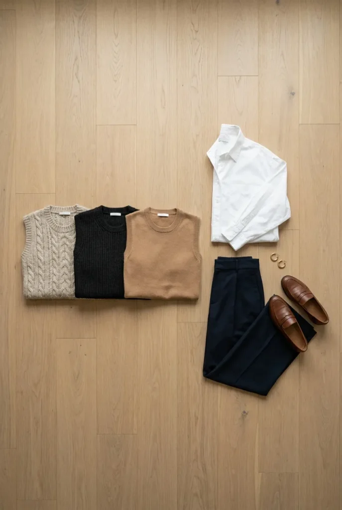 Flat-lay of three neutral sweater vests with trousers, button-down, and loafers