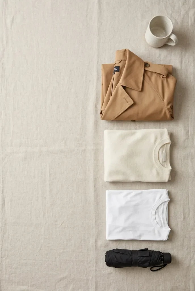 Flat-lay of trench, merino sweater, and tee showing London capsule layering.