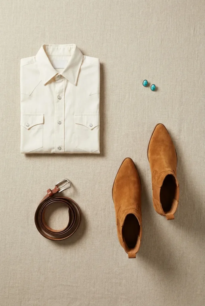 Flat lay of western capsule pieces including pearl-snap shirt, leather belt, and suede boots.