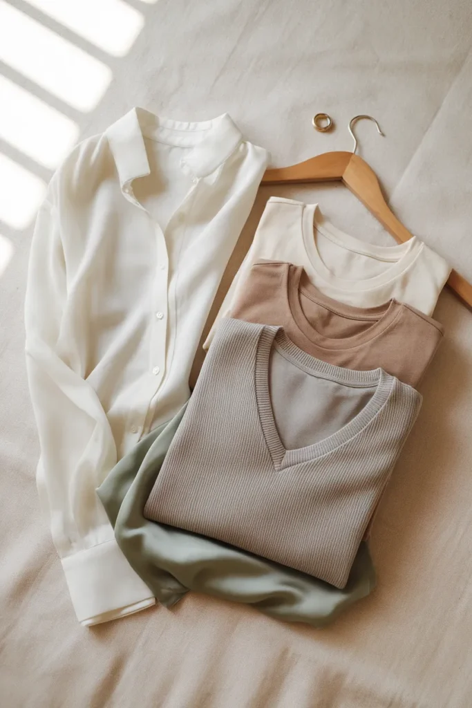 Flat lay of white button-down, tees, and taupe sweater capsule wardrobe tops for midsize women