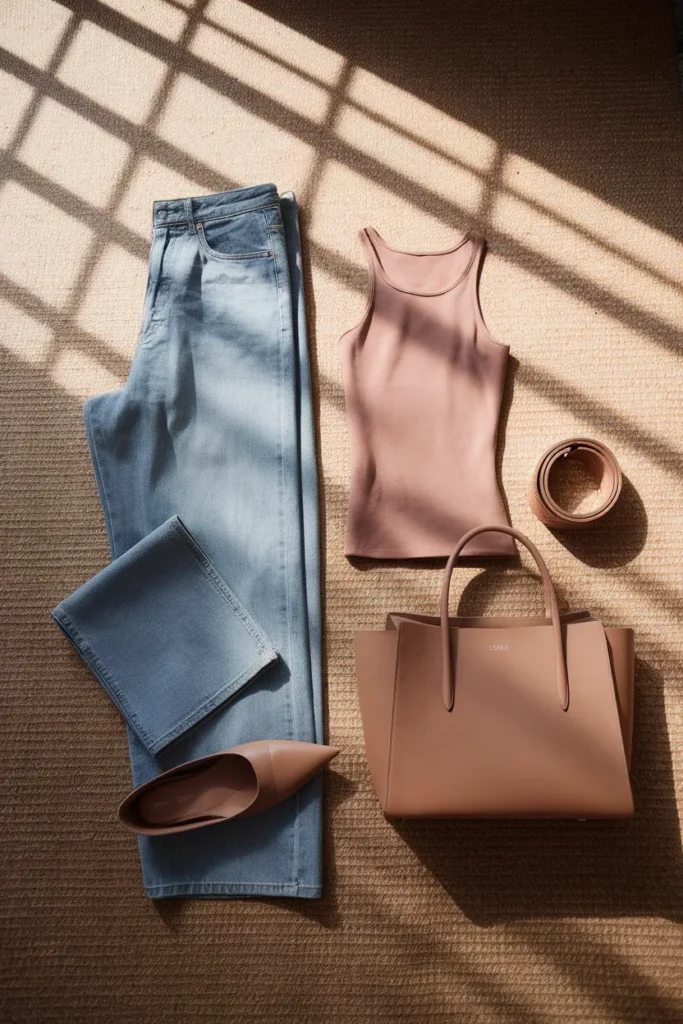 Flat lay showing a fitted tank, belt, and flats styled to balance wide-leg jeans.