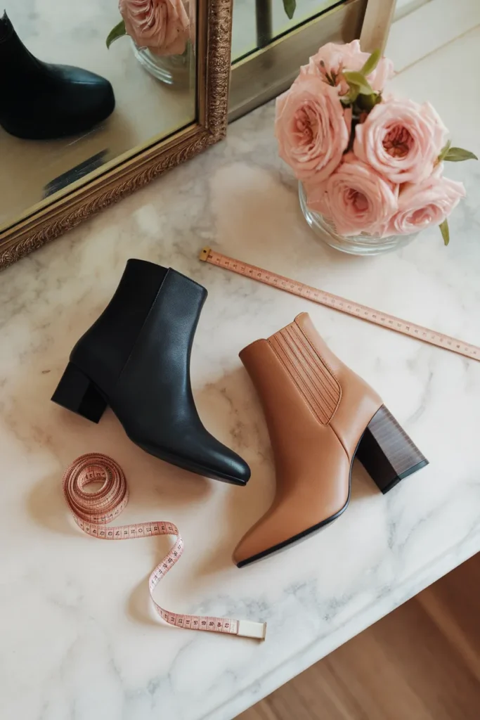 Flat versus block-heel ankle boots compared for fit and proportion on a marble surface.
