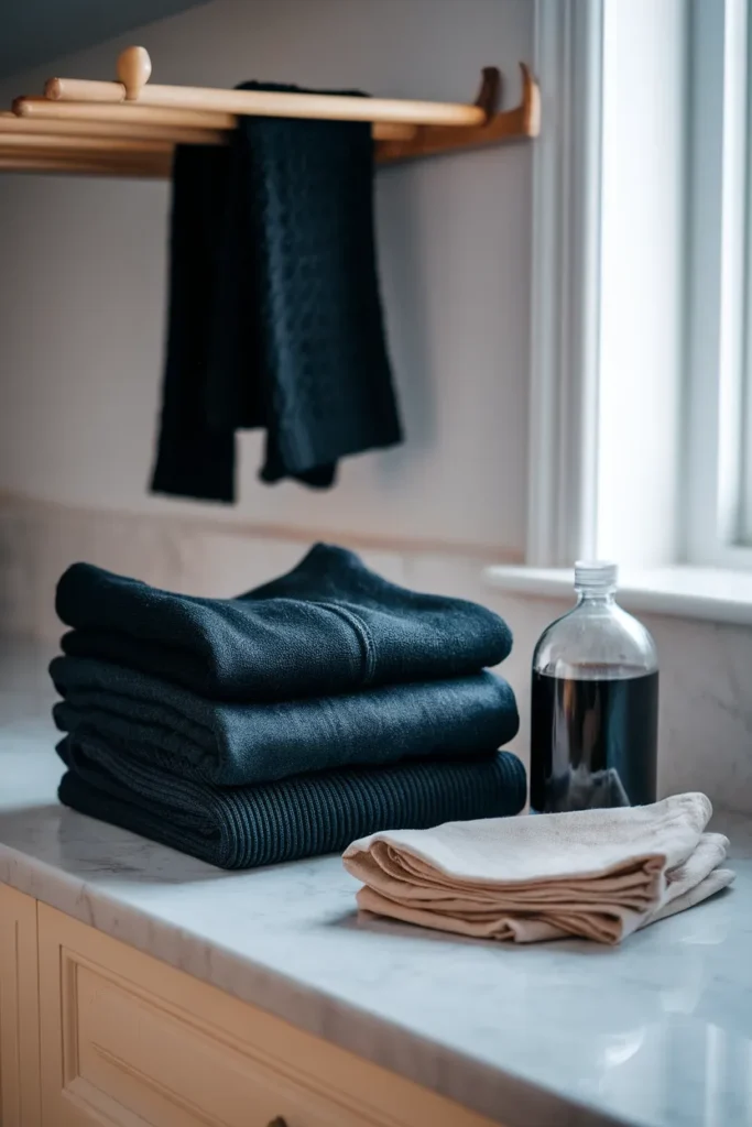 Folded black garments turned inside out on marble beside detergent, caring for a dark capsule wardrobe.