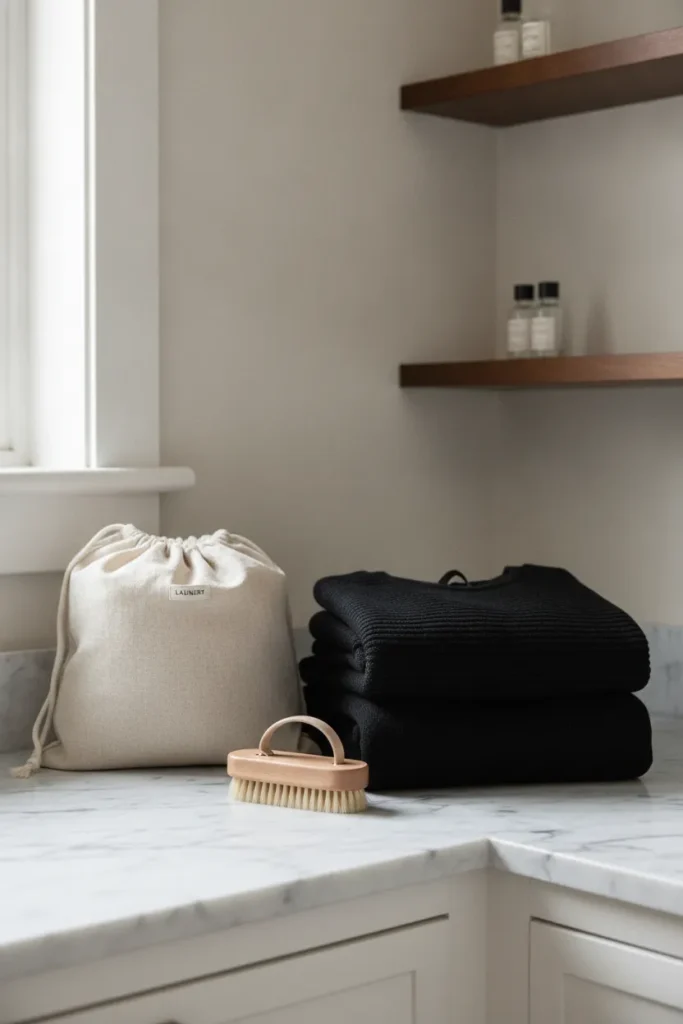 Folded black knits and tees on a marble surface with a clothes brush for fabric care