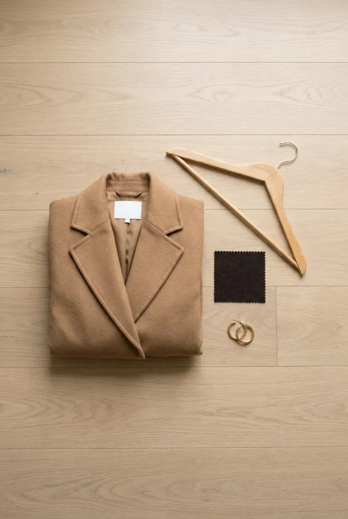 Folded camel wool coat and Melton wool swatch flat-lay on wood floor