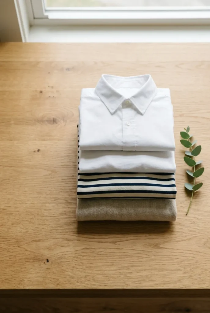 Folded capsule tops including white button-down, tee, striped top, and merino knit.