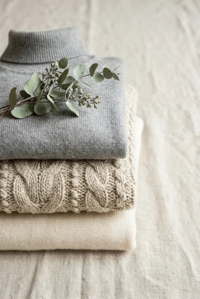 Folded cashmere, lambswool, and merino knits, the best fabrics for cozy winter outfits.