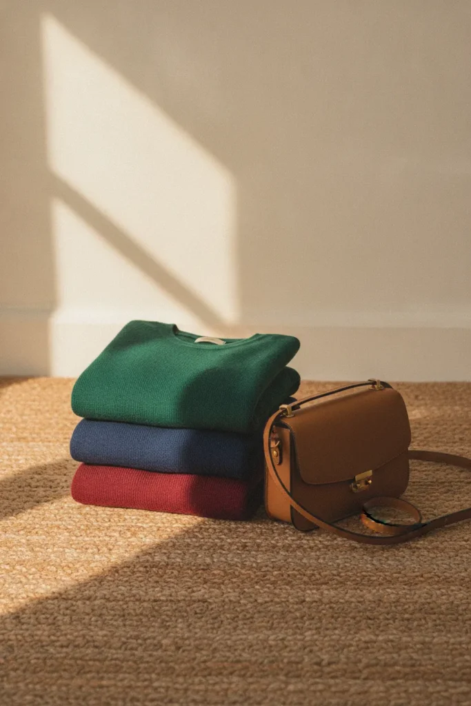 Folded emerald, sapphire, and wine knits, jewel-tone accents for deep winter