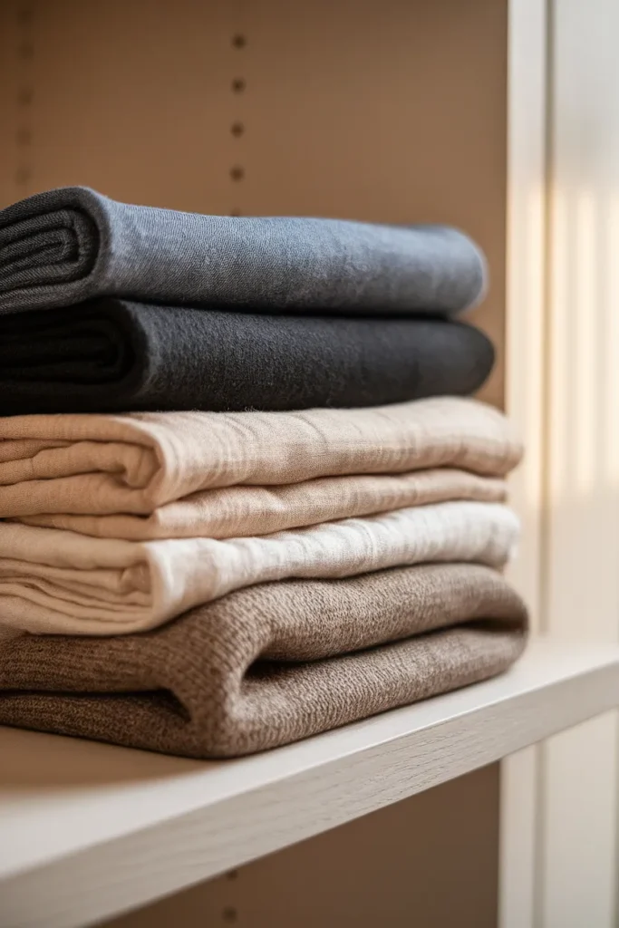 Folded fabric stacks showing the 70 20 10 fabric weight rule for a year round capsule wardrobe