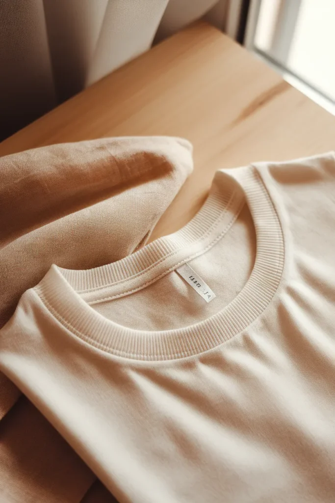 Folded mid-weight white cotton tee showing ribbed neckband, a capsule wardrobe basic