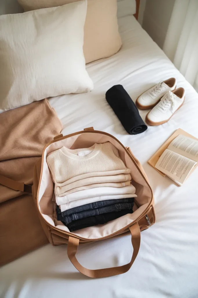 Folded neutral college capsule wardrobe pieces packed in one small bag on a dorm bed