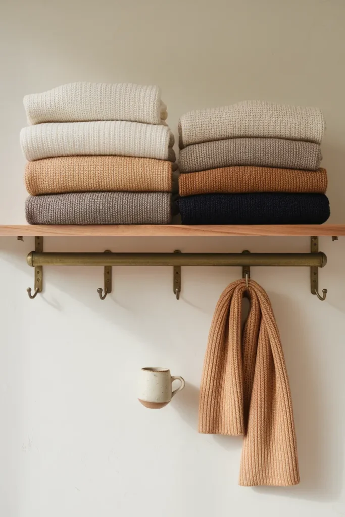 Folded neutral knits in ivory, camel, espresso, and navy with a butter yellow accent for a capsule palette