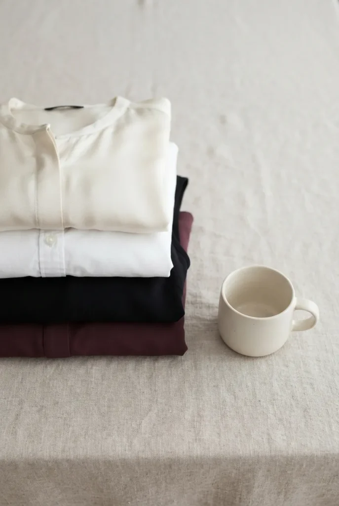 Folded silk blouses and a white button-down for a business professional wardrobe.