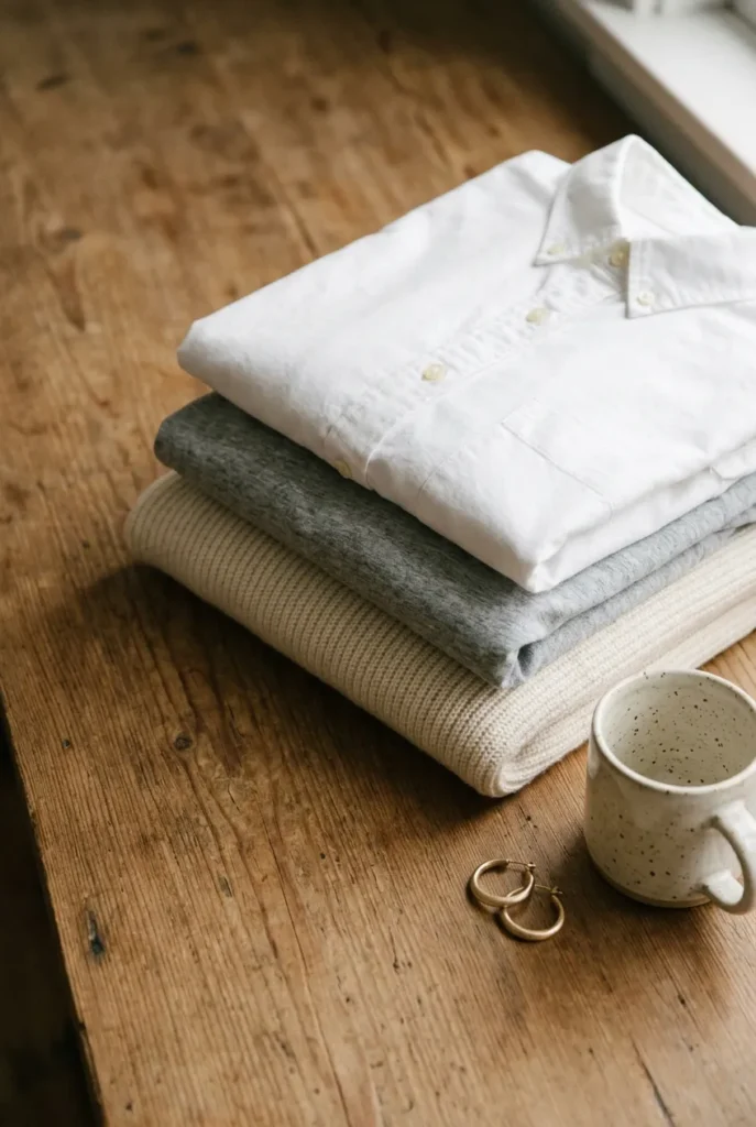 Folded white button-down, gray tee, and knit as teacher outfit tops