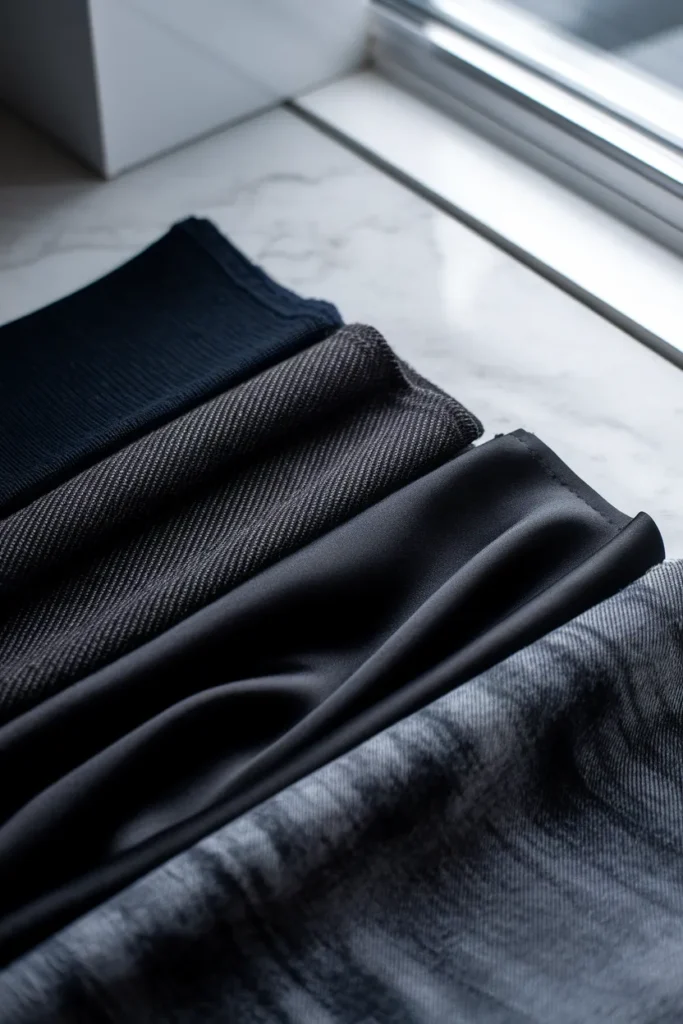 Four black fabric swatches side by side showing blue black, brown black, true black and faded black.
