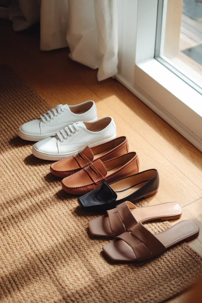 Four comfortable capsule wardrobe shoes for women over 60 including sneakers, loafers, flats, and sandals