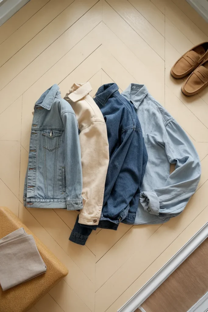 Four denim jacket styles laid flat classic trucker, cropped, oversized, and denim shirt jacket