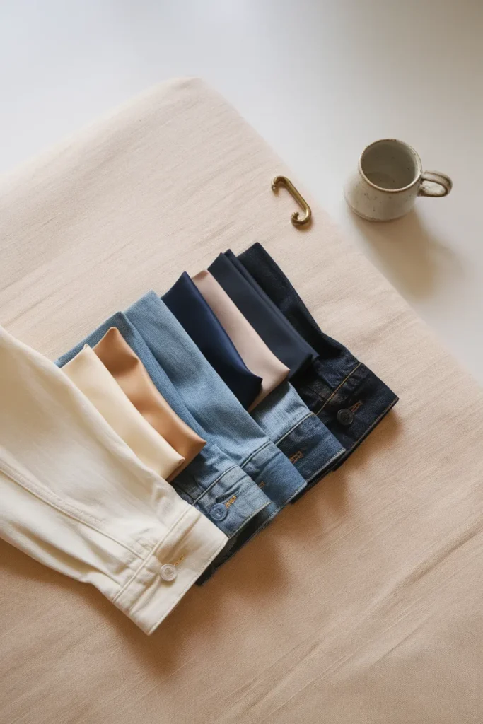Four denim washes from ecru to indigo paired with cream, camel, navy, and black swatches