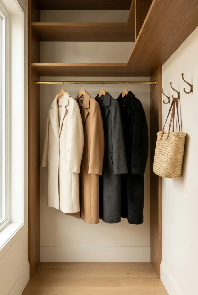 Four neutral wool coats on wooden hangers in a minimalist closet