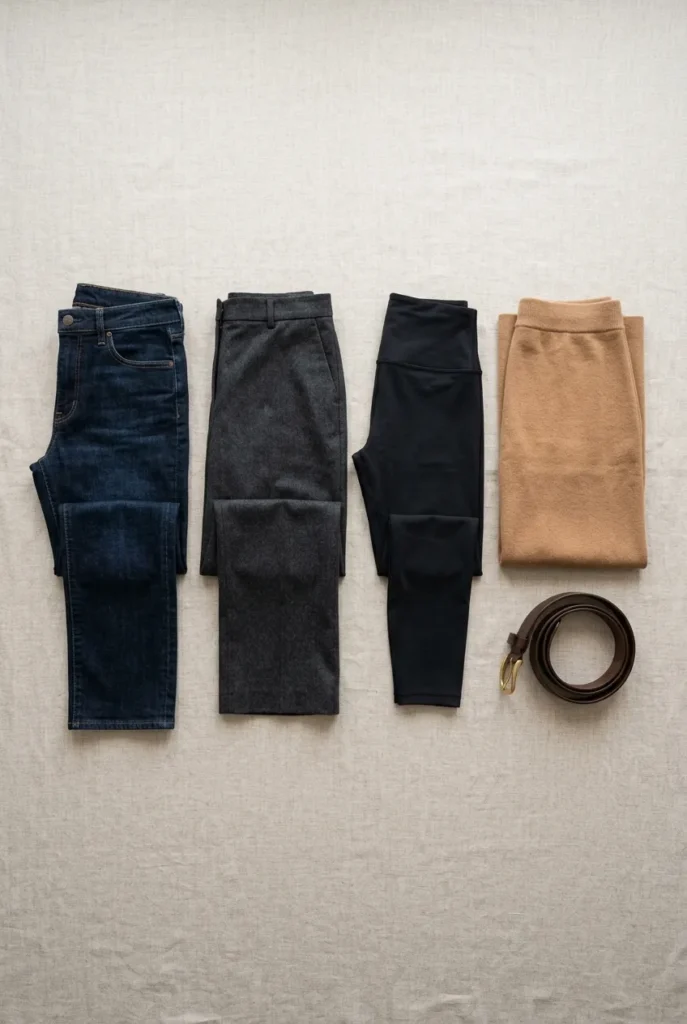 Four winter capsule wardrobe bottoms including dark jeans, wide-leg trousers, and a knit skirt.