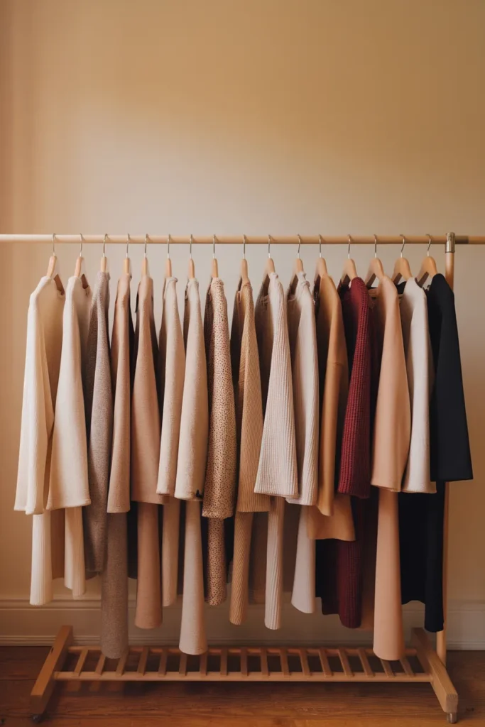 Fourteen piece rectangle body shape capsule wardrobe hanging on a wooden rail in neutral tones