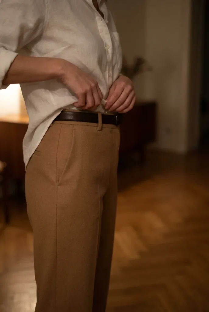 Front tuck of a white shirt into camel trousers with a slim leather belt