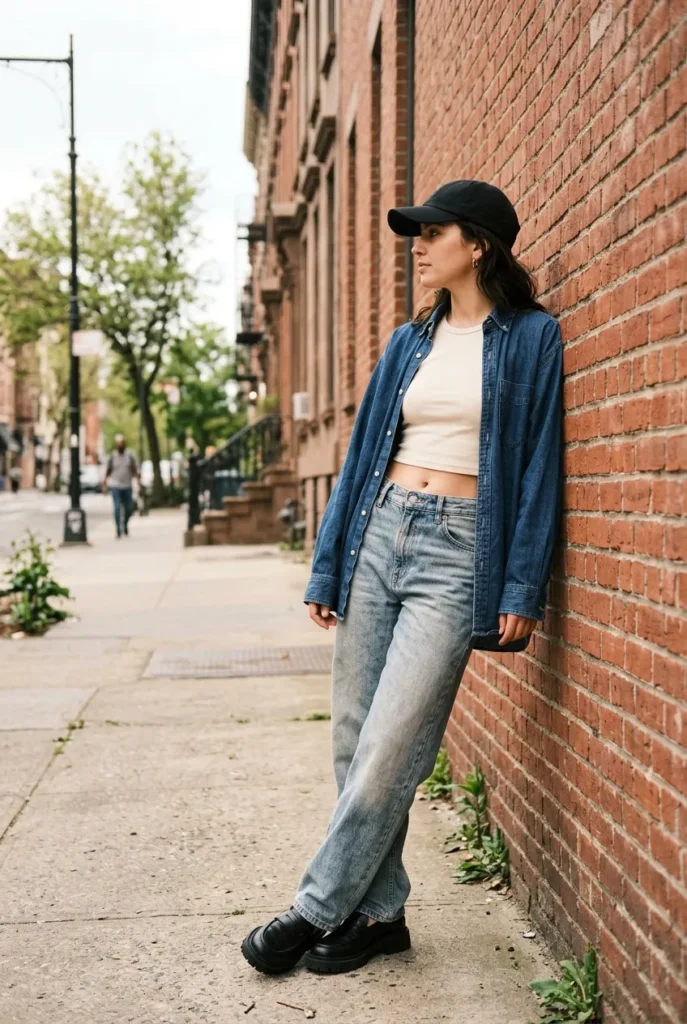 Gen Z New York street style with baggy jeans and baseball cap