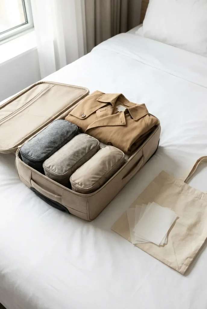 One-bag carry-on packed with cubes for a Japan capsule wardrobe trip