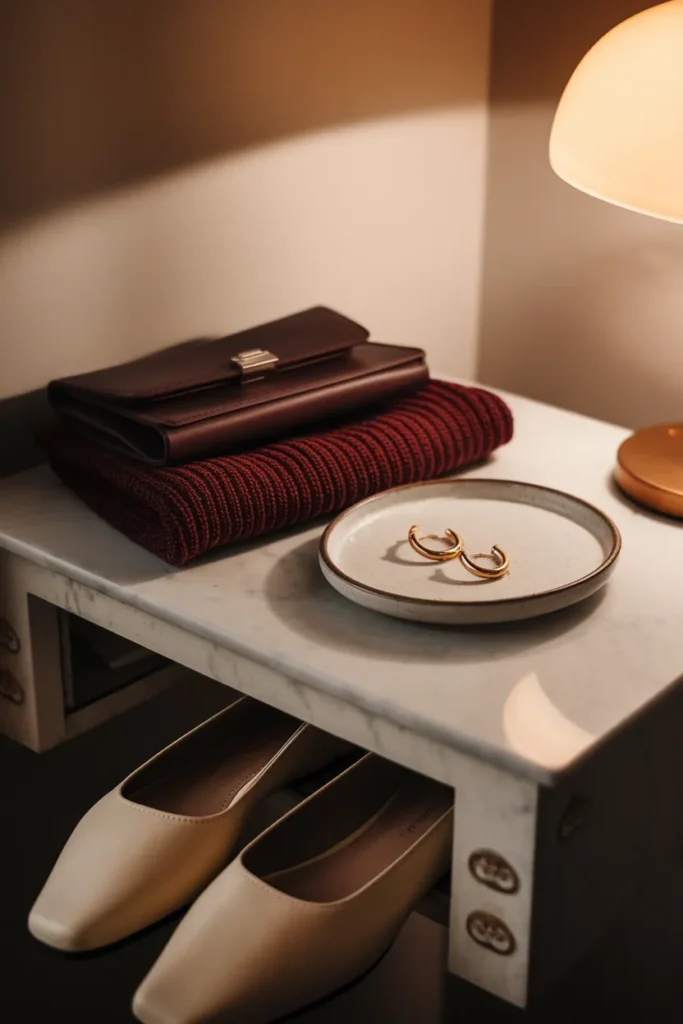 Gold hoops, a burgundy knit, and ballet flats adding personality to a teen capsule wardrobe