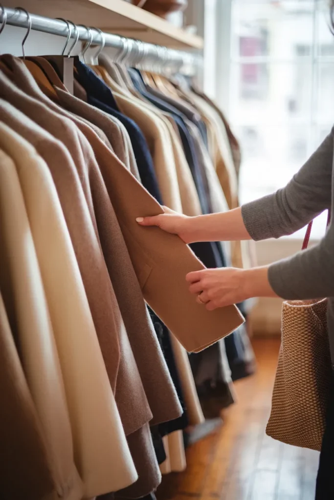 Hands checking a camel coat seam on a thrift rail, building a thrifted capsule wardrobe piece by piece