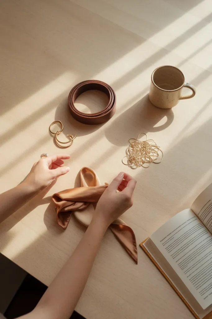 Hands sorting capsule wardrobe accessories into keep and remove piles on a light oak table