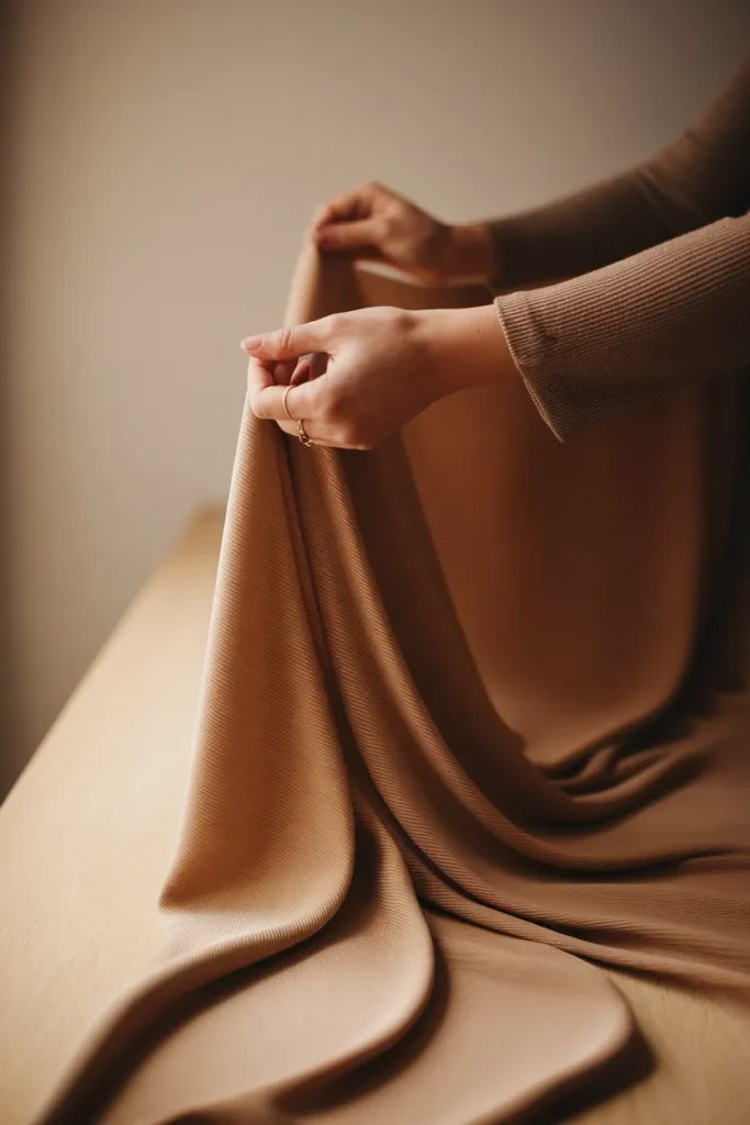 Hands testing crepe fabric drape, how fabric weight and stretch decide midsize capsule wardrobe fit