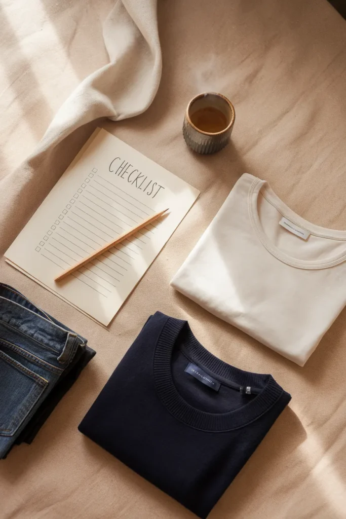 Handwritten year round capsule wardrobe checklist beside folded neutral basics and an espresso cup
