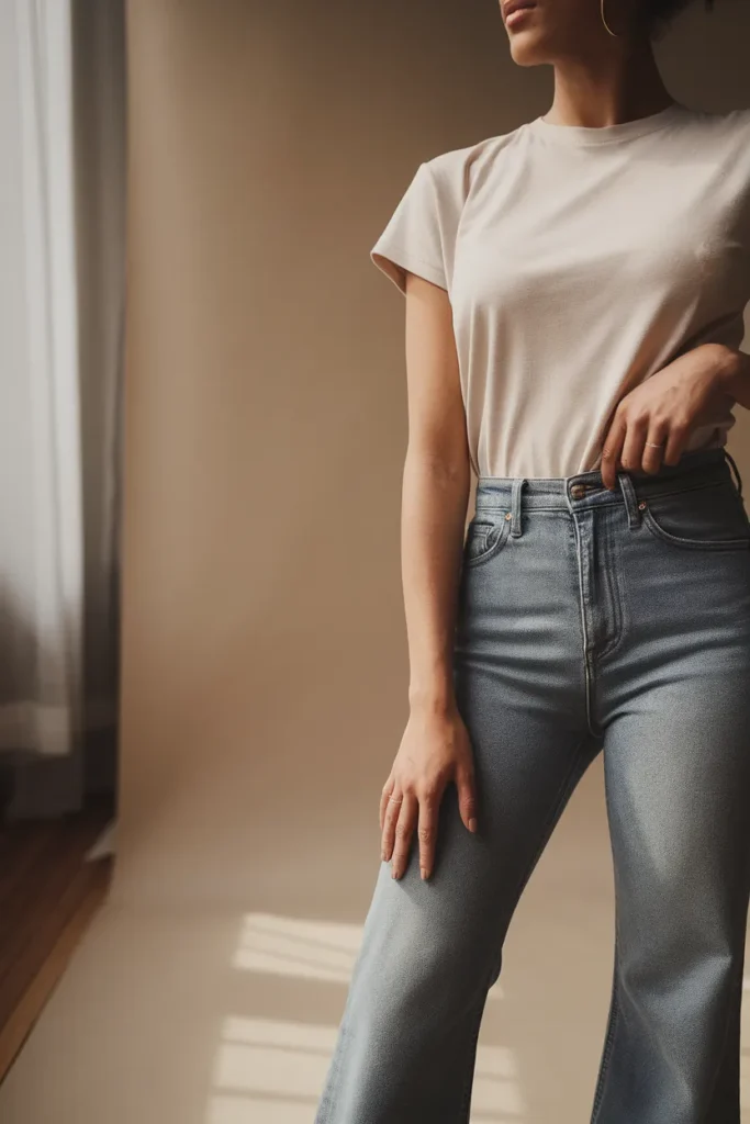 High rise flared jeans sitting at the natural waist with a white tee tucked in, shown waist to floor