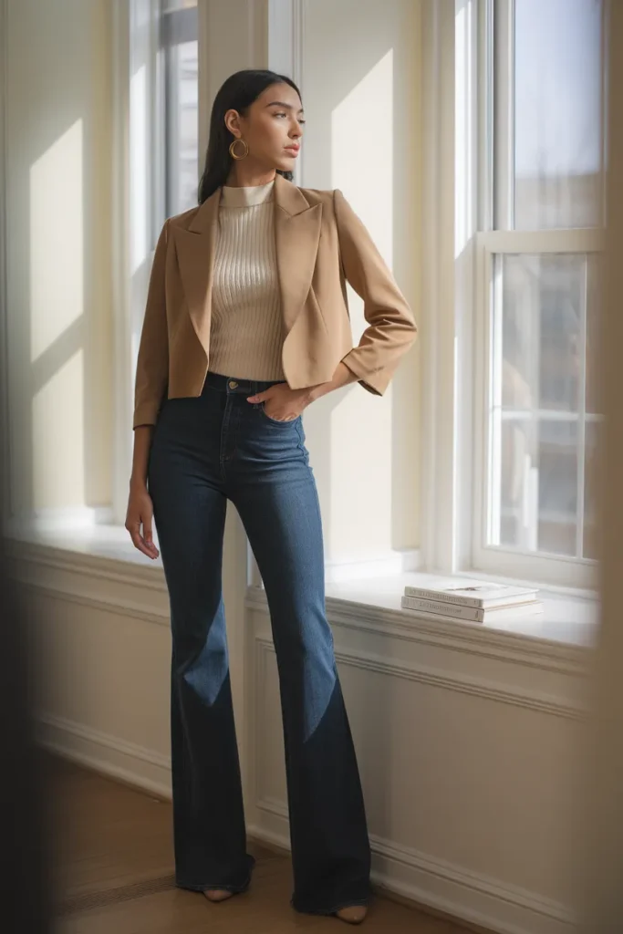 High rise flared jeans with a tucked cream knit and camel cropped blazer by a window