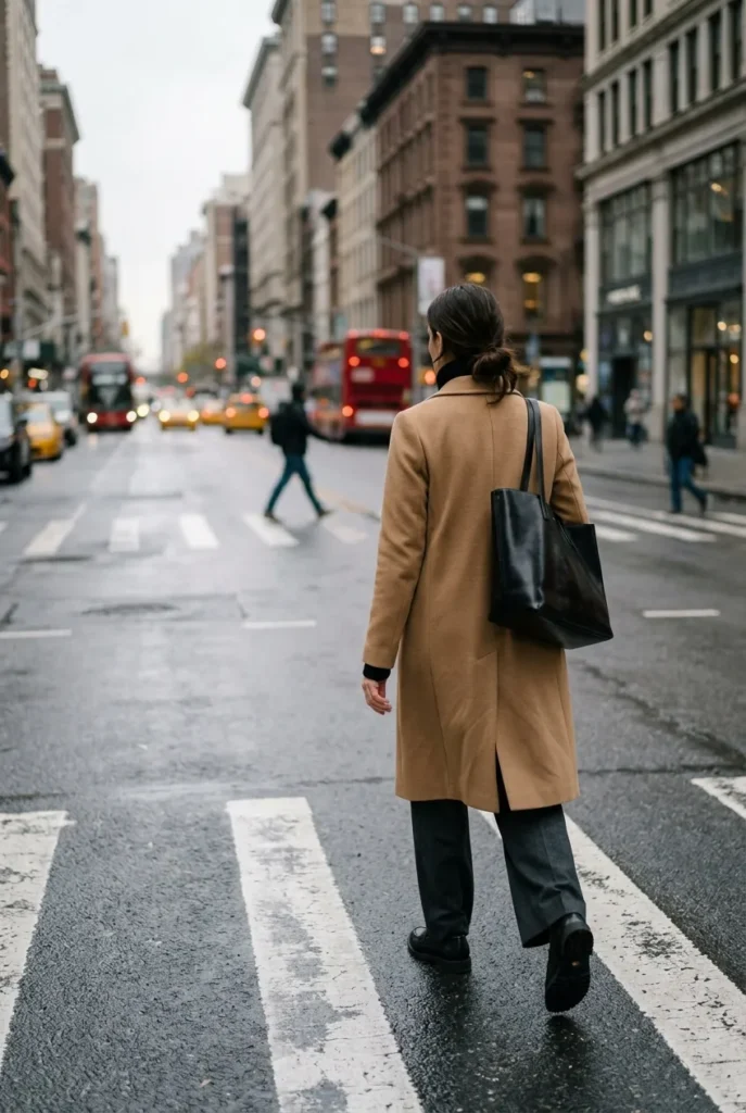 How to dress like a New Yorker in a camel coat and wide-leg trousers