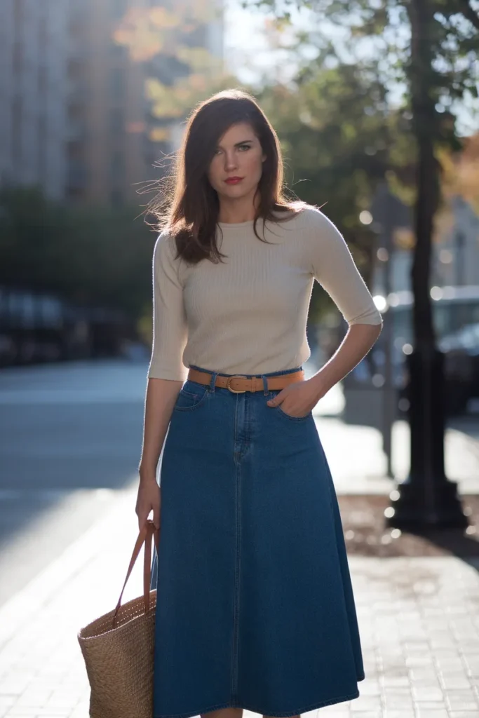 How to style a denim skirt with an ivory tee, camel belt, and woven tote in fall.