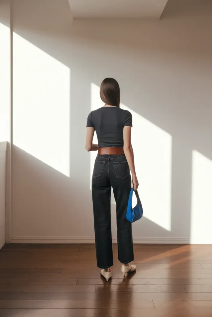 How to wear Y2K trends with your proportions belted mid-rise jeans and fitted baby tee