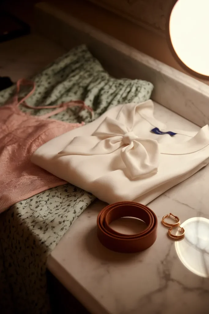 Ivory bow blouse, floral skirt, lace camisole, and leather belt styled on a marble vanity