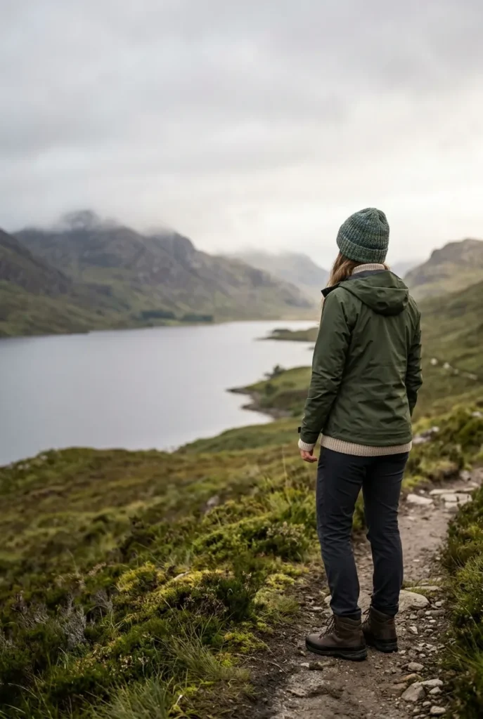 Layered Highlands outfit with rain jacket and boots by a loch . Scotland Travel Outfits