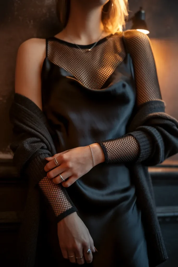 Layered black satin slip dress over mesh top with a charcoal cardigan in low lamplight.