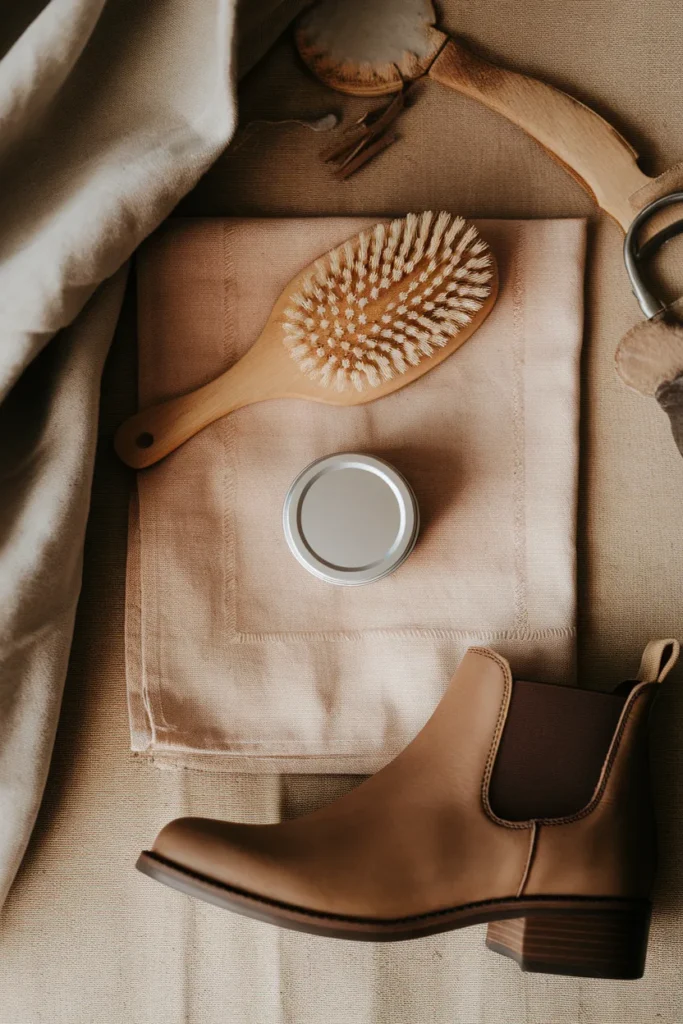 Leather and suede ankle boot care essentials laid out on a linen napkin.