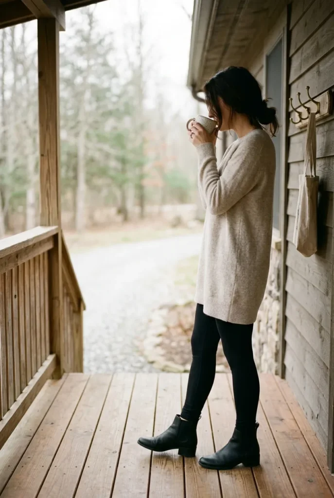 Leggings tucked into black ankle boots with a long tunic sweater for fall