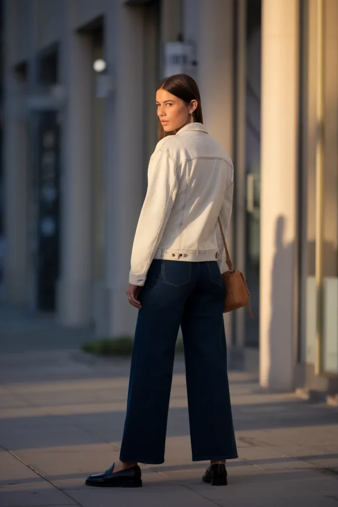 Light wash denim jacket styled over dark indigo wide-leg jeans with a tan belt and loafers