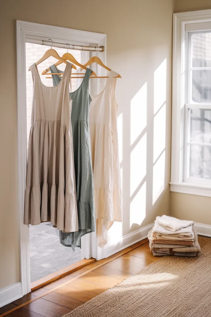 Linen and cotton dresses air drying on wooden hangers, easy care summer dress capsule
