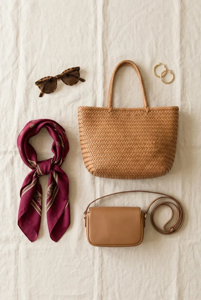 London capsule accessories flat-lay with tote, crossbody, scarf, hoops, and sunglasses.
