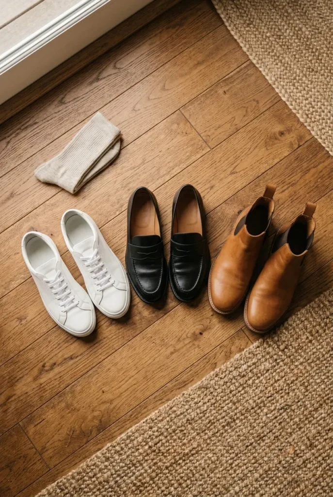 London capsule travel shoes flat-lay with white sneakers, loafers, and ankle boots.