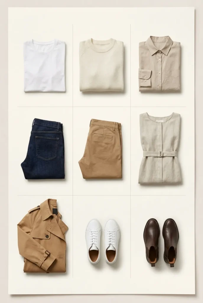 London capsule wardrobe laid out as an outfit-math grid of tops, bottoms, and shoes.