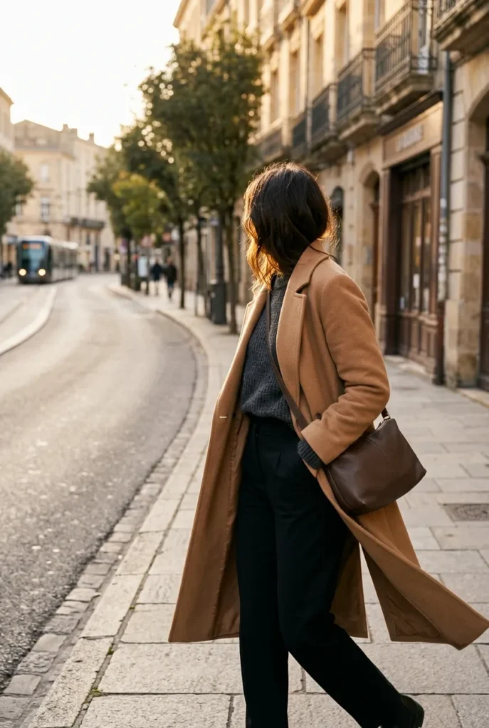 Long camel wool coat worn over a knit and trousers as a winter work outfit.