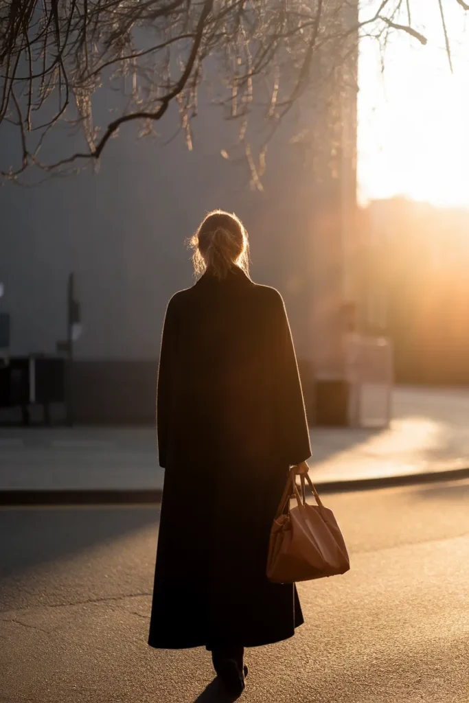 Longline black wool coat in low golden winter backlight on a quiet street